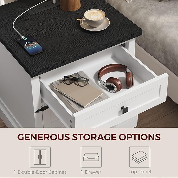 Farmhouse End Table with Charging Station, 23.6" Large End Tables Living Room, Sofa Side Table with Barn Door, Wooden Rectangular Nightstand Bedside Table with Drawer, Black ETBB157E01
