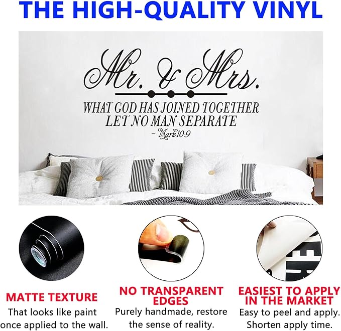 Bible Verse Wall Decals for Bedroom: Love Couples Quotes Wall Stickers - Women Positive Marriage Home Vinyl Art - Mr and Mrs What God Has Joined Together Let Mark 36.2"X19" X-Large