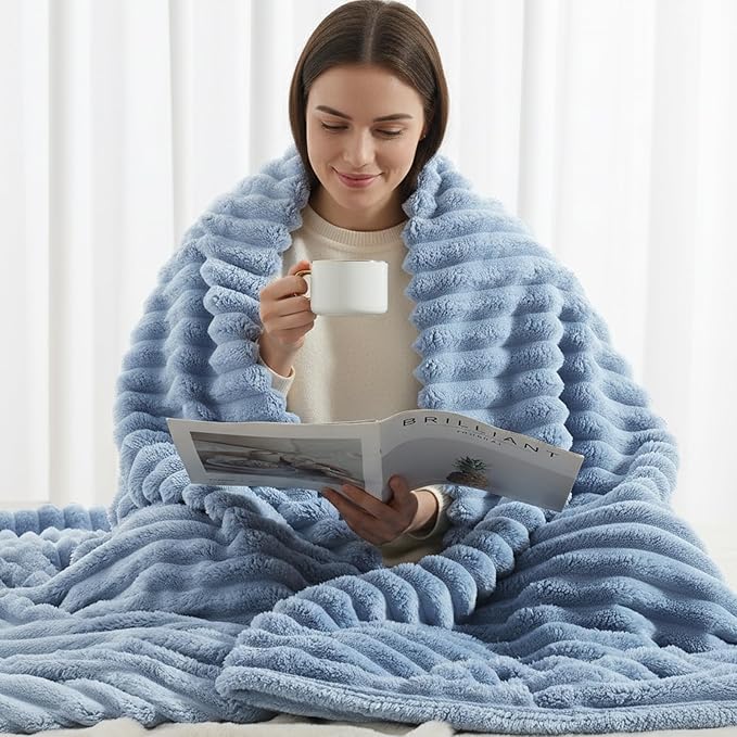 decorUhome Soft Fleece Blue Grey Blanket King Size for Bed, Cozy Fluffy Plush Flannel Large Striped Throws for Couch Sofa, Lightweight Decorative Fuzzy Blanket for Woman, 108x90 Inches