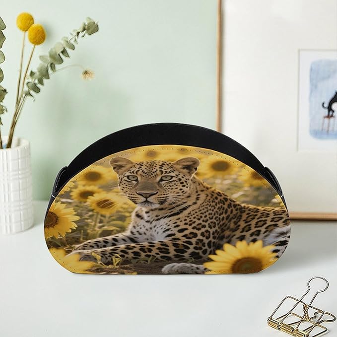 Sunflower Leopard Remote Control Holder Organizer Box with 5 Compartment PU Leather Bedside Storage Caddy Remote Organizer for Controller Media Player Pen/Pencil Storage