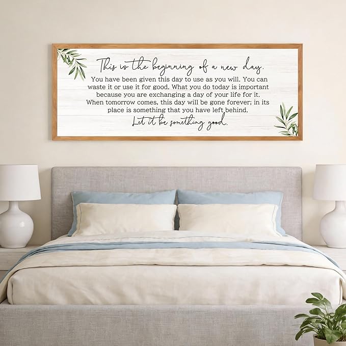 The Beginning of a New Day Wall Art – 40x15 Inch Wooden Framed Inspirational Sign with Motivational Message, Large Rustic Wood Frame Wall Decor for Living Room, Office, Entryway, Natural