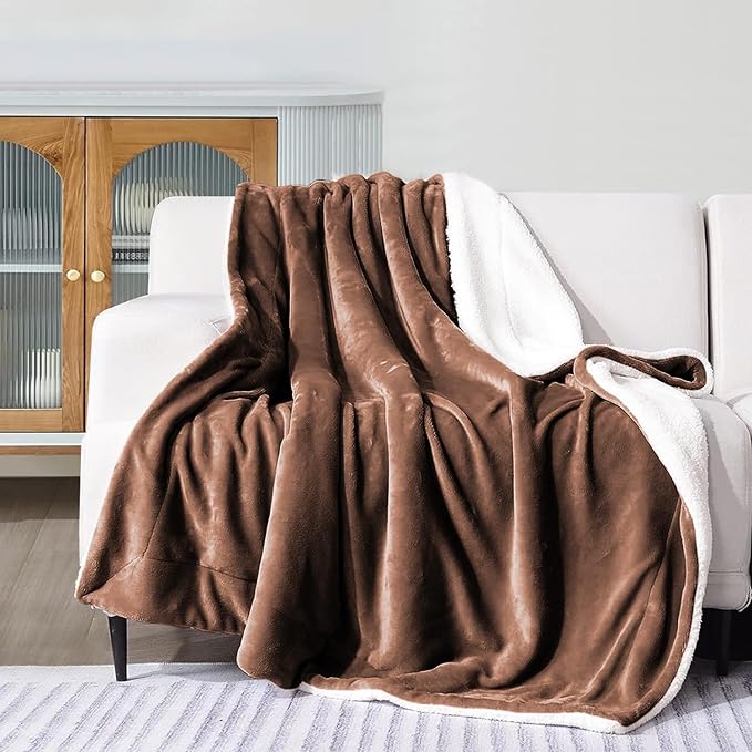 MOONLIGHT20015 Coffee Sherpa Blankets Queen Size for Bed - Wholesale Bulk Pack of 9 Sherpa Blankets - Soft Fluffy Throw Blanket for Hotels, Guest Bedroom, 90x90 Inches