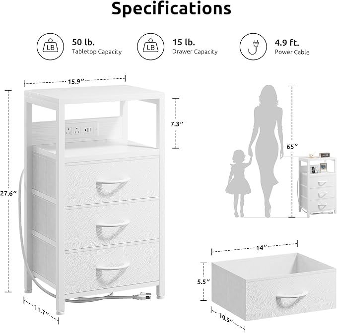NightStand Bedside Charging Table Bedroom - White Night Stand with Charger Station, USB-C USB Ports & AC Outlets for Dorm, Modern End Table with Open Shelf & 3 Fabric Drawers