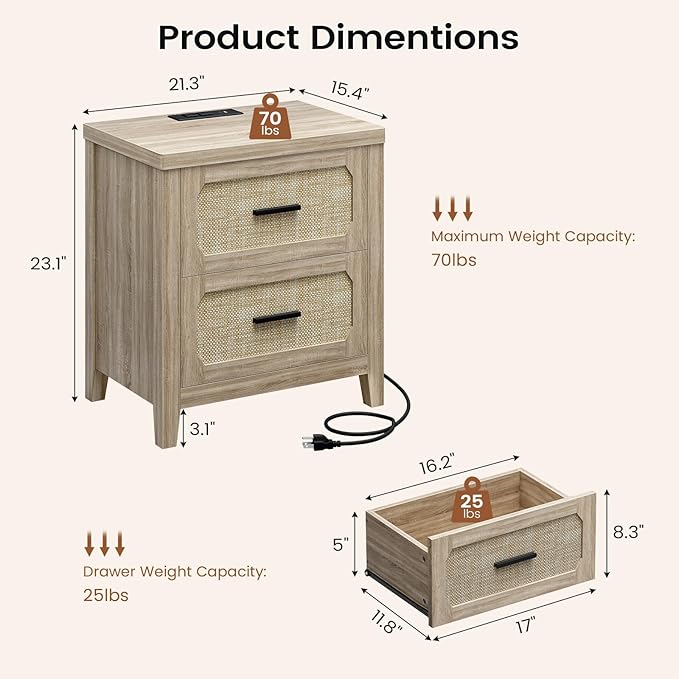 Rattan Nightstand with Charging Station, 22'' Wide Bedside Table with 2 Storage Drawers & Metal Handle, Boho Night Stand End Side Table for Bedroom, Grey Oak
