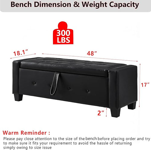 48" PU Leather Storage Ottoman Bench for Bedroom Bed End,Tufted Faux Leather Ottomans with Storage for Living Room,Bedside,Entryway,Modern Window Benches with Seating (PU Black, 48")