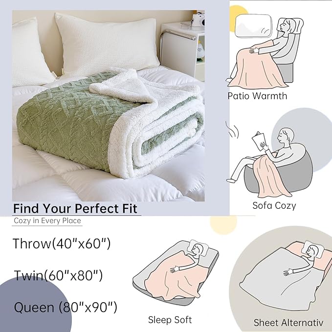 Sherpa Queen Blanket for Bed - Fleece Soft Cozy Fuzzy Blankets Thick Warm for Winter and All Seasons (Green, Queen (90"x90"))