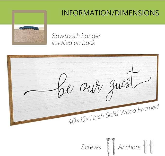 Be Our Guest Wall Decor Sign 40''×15'' Large Rustic Farmhouse Family Guest Room Bedroom Above Bed Vintage Framed Wooden Wall Art Modern Signs Simple Entryway Hanging Decoration (Wood)