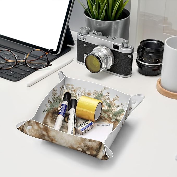 Watercolor Woodland Owl With Floral Crown Wildflowers Valet Tray Leather Desktop Storage Organizer Bedside For Jewelry Keys Coin Candy Sundries