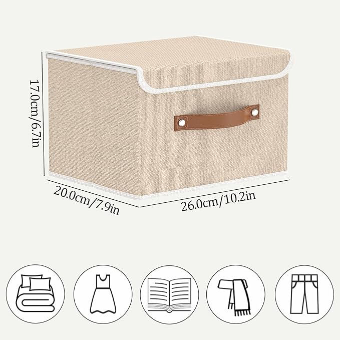 OUTBROS Storage Boxes, Collapsible Storage Bins with Lids, Cotton and linen cloth Storage Baskets with Handle, for Books, Closet, Bedroom, Home, 10.2x7.9x6.7 in, Beige