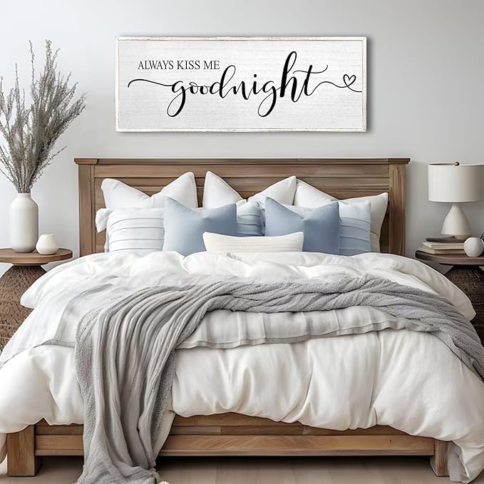 Always Kiss Me Goodnight Wall Sign 40''×15'' Vintage Master Bedroom Above Bed Farmhouse Wooden Framed Family Wall Decor for Larg Couples Over Bed Wall Art Decoration (White)