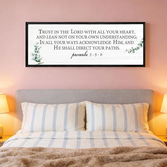 Trust in the Lord with All Your Heart Wall Art: 40"x15" Framed Bible Verse Wooden Sign, Proverbs 3:5–6 Christian Wall Decor, Large Rustic Scripture Home Decor, Black