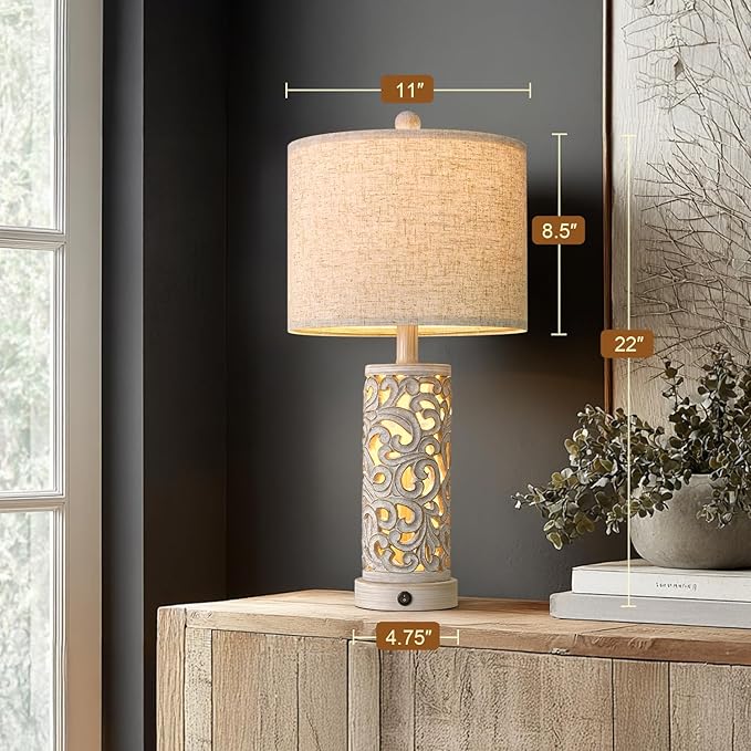 22" Dual Light Table Lamps for Living Room, USB A+C Table Lamp for Bedroom, Farmhouse Lamps for Night Stands with Linen Shade for Home Office(Bulb Included)