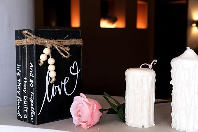 LIVDUCOT Book Stack Decor Black | Farmhouse Stacked Books | Coffee Table Books Decor | Wooden Bookstack Mantle Decoration | And So Together They Built A Life They Loved 7.5x5x3'
