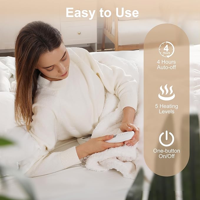 Heated Throw Blanket 50"x60" with 5 Heating Levels & 4 Hours Auto Off, Soft & Plush Sherpa Electric Blanket Throw with ETL & FCC Certification for Home Use, Machine Washable, Great Gift, White