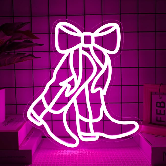 Cowboy Boot Neon Sign Bow Neon Sign LED Pink Cowgirl Boots Light Signs Wall Decor Aesthetic Western Wall Art Suitable for Game Room Country Parties Bow Decor Bedroom Bar Birthday Gift(12.8 * 11.7in)