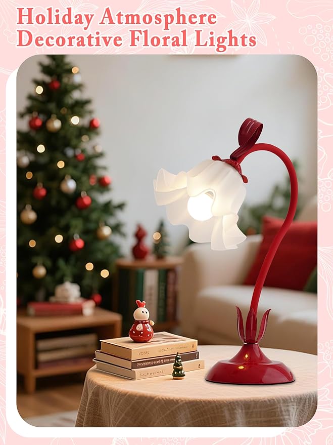 Flower Table Lamp,LED Reading Light Bedside Vintage Flower Night Light,3 Colors Modes Kawaii Bedside Lamps Decor,Living Room Bedroom Room Lighting Table Lamps Home Decoration (Red)