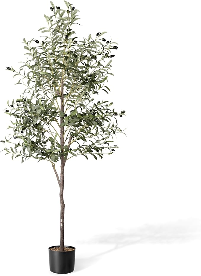 Waterproof Artificial Olive Tree, 5.5 FT Tall Faux Olive Tree for Home Indoor Decor, Floor Plant with Textured Leaves Fruits, Realistic Wood-Grain Trunk, Fake Plant for Living Room Bedroom Office
