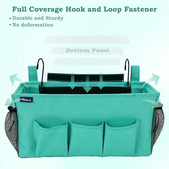 Surblue Bedside Organizer with Hook Hanging Storage Bag with Adjustable Strap and Water Bottle Holder for Home, College Dorm, Hospital Accessories, Crib Bed Rail, Green, 2PCS