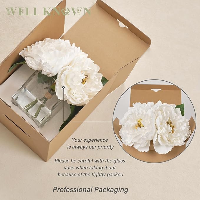 Artificial Peonies Flowers Arrangement in Cube Glass Vase, WELLKNOWN Ivory White Silk Flowers Centerpiece for Home Party Wedding Dining Coffee Table Decor, Faux Peony Flower Bouquet with Fake Water