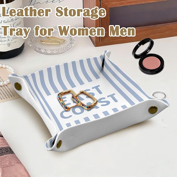 Coastal Cowgirl East Coast Leather Jewelry Valet Tray,Beach Lovers Gifts PU Leather Catchall Beside Caddy Nightstand Organizer Tray for Jewelry Rings Watches Keys and Accessories,7.8x7.8inch