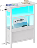 Narrow Bedside Table with Charging Station and LED Light, Skinny Nightstand with USB Ports & Type-C, End Table with 1 Fabric Drawer, Slim Side Table for Bedroom, Nursery, Living Room, White