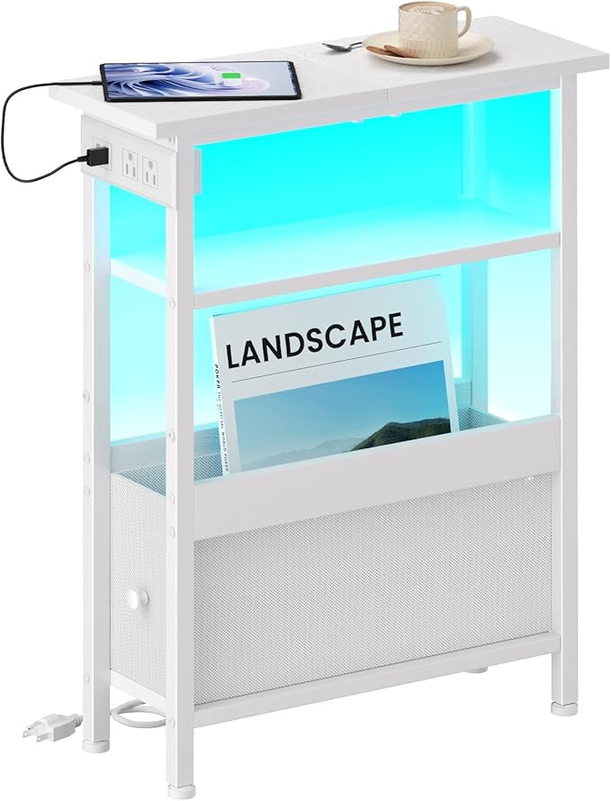 Narrow Bedside Table with Charging Station and LED Light, Skinny Nightstand with USB Ports & Type-C, End Table with 1 Fabric Drawer, Slim Side Table for Bedroom, Nursery, Living Room, White