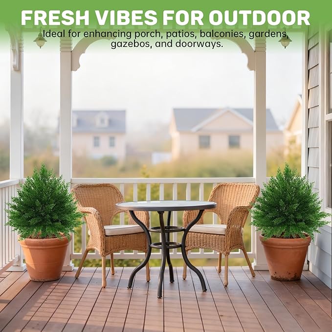 Artificial CedarTopiary Bushes for Outdoors with Spike, Set of 2 Cypress Topiary Trees with UV Resistant, Outdoors Fake Shrubs Faux Plants for Front Porch Indoor Outdoor Decor