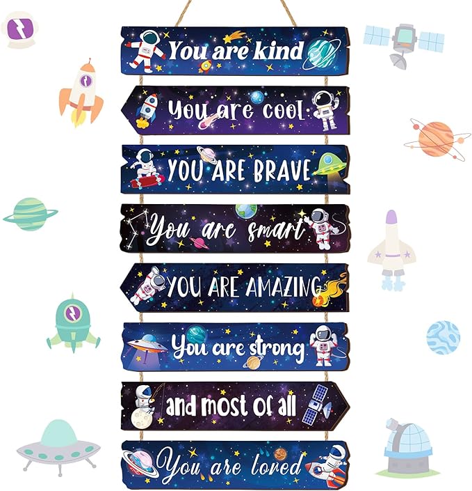 Inspirational Girl Room Decor Aesthetic Art Wall Hanging Sign Inspiring Colorful Rainbow Wooden Decoration for Kids Teens Toddler Boy Baby Bedroom Nursery Dorm Decor, 6-12 Years old (Space)