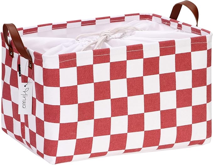 Hinwo Large Canvas Fabric Storage Basket with Handles, 33L/8.6-Gal Rectangle Bin, Collapsible Storage Box, Clothes, Toys, Blankets Organizer, 16.5 x 12 x 10 Inches (L, Red Checkerboard)