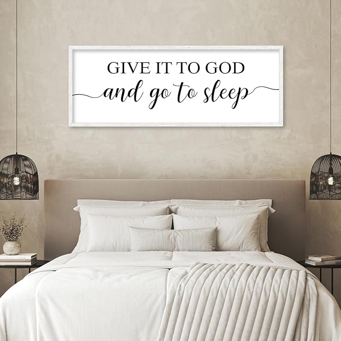 YWJKWLGS Give It To God And Go To Sleep Sign Large Bedroom Wall Decor Art 40x15 Inch Rustic Wooden Framed Above Over Bed for Peace Wall Hanging Plaque (White)