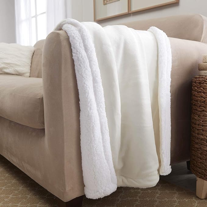 Genteele Sherpa Throw Blanket Super Soft Reversible Ultra Luxurious Plush Blanket, 50 x 60 inches, Ivory/White