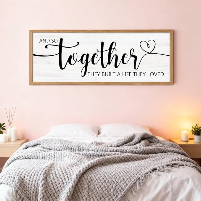 And So Together They Built A Life They Loved Decorative Rustic Sign & Plaque Framed Wall Art for Couples, 40''×15''Wooden Long Wall Decor Above Bed, Vintage Horizontal Farmhouse Wedding Gift