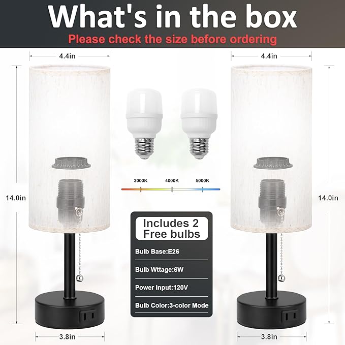 Fenmzee Bedside Table Lamps Set of 2-3 Color Temperatures Pull Chain Lamp with AC Outlet Charging Port, Small Round Night Stand Lamps for Bedroom Guest Room Office, Bed Side Light with E26 LED Bulbs