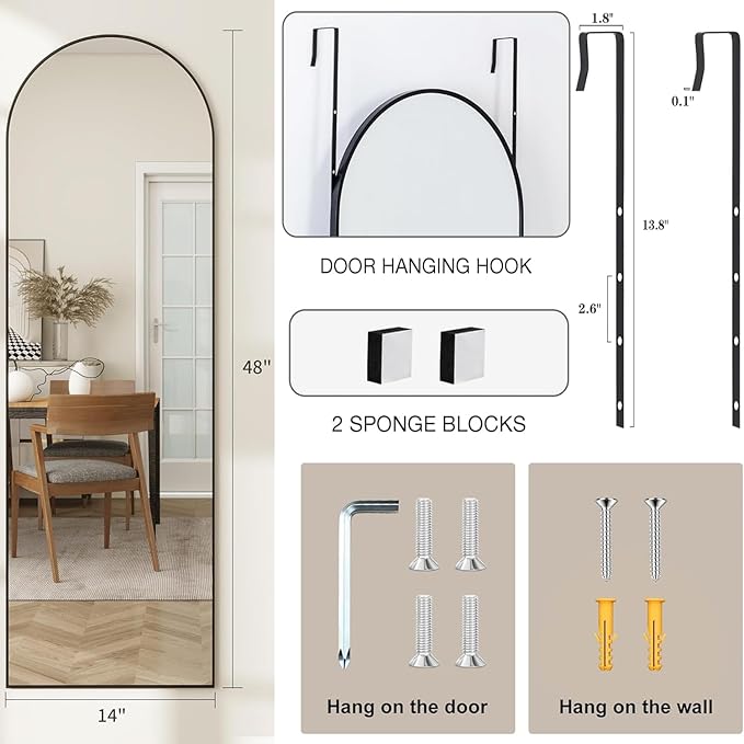 Arched Full Length Door Mirror 14x48, Metal Frame with Protective Film, No-Drilling Hanging or Wall Mount, Hooks & Hardware Included, Full Body Mirror for Bedroom, Dorm, Black