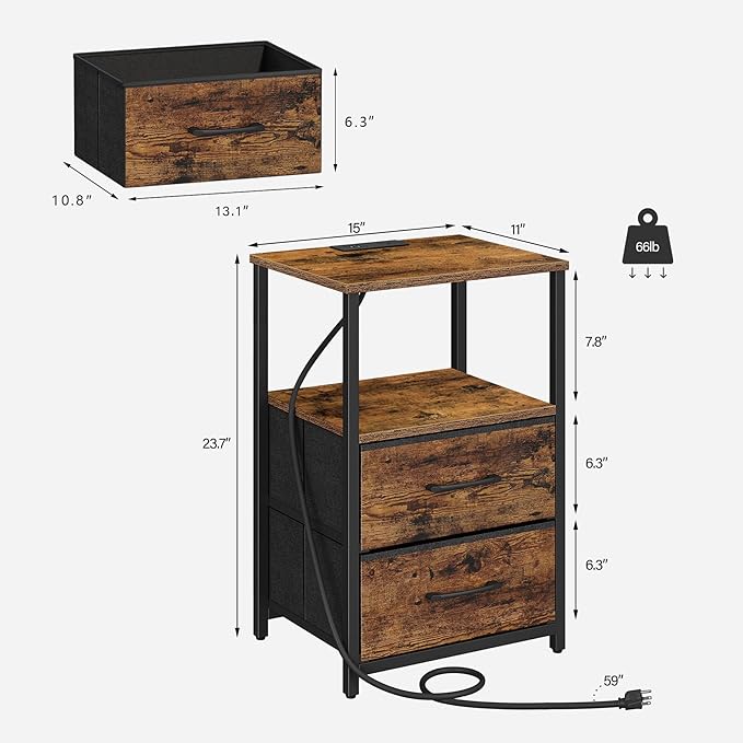 TUTOTAK End Table with Charging Station, Side Table with 2 USB Ports and Outlets, Nightstand with Cloth Drawer, Set of 2, Couch Table, Brown TB01BB052 | with Cloth Drawer