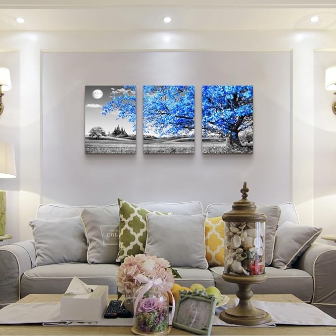 Wall Art For Living Room black and white Blue tree moon Canvas Wall Decor for Home artwork huge Painting 16" x 24" 3 Pieces Canvas Print For bedroom Decor Modern Salon kitchen office Hang a picture