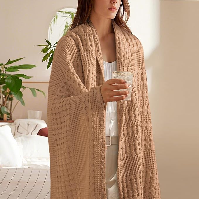 PHF 100% Cotton Waffle Weave Throw Blanket, Soft Lightweight Breathable Cozy Throws for Couch Bed Sofa, Luxury Aesthetic Blanket Gift for Home Decor & Office, 50"x60", Clay