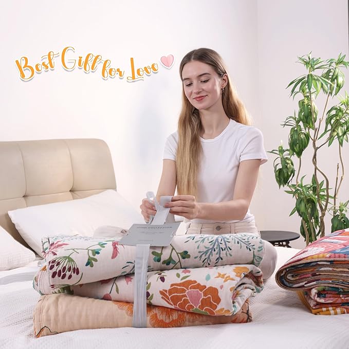 Boho Throw Blanket, 100% Organic Cotton Breathable Ultra Soft 91" x 108" King Bed Quilt Throw - All Season Floral Rustic Farmhouse Decor Luxury Blanket for Sofa Couch Chair and Gift