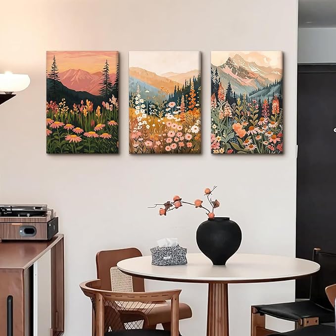 KBKBART Boho Mountain Framed Canvas Wall Art Set of 3, Colorful Landscape Wildflower Daisy Wall Decor, Bohemian Floral Forest Scenery Art Prints for Bedroom Living Room Office 12x16 Inch