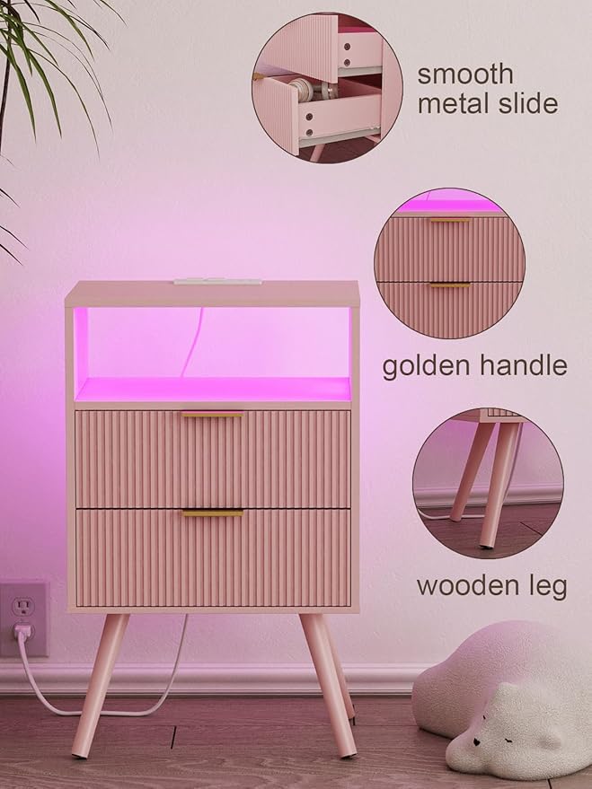 Nightstand, Modern Bedside Table with 2 Storage Drawer and Open Wood Shelf for Bedroom and Small Spaces, Night Stand with Solid Wood Legs (Pink-Outlet)
