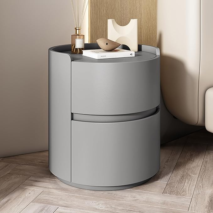 Round Nightstand,Bedside Table with 2 Solid Wood Storage Drawers,Modern Minimalist Bedroom Side Table,Leather Night Stands for Bedroom/Living Room,No Installation Required,End Table