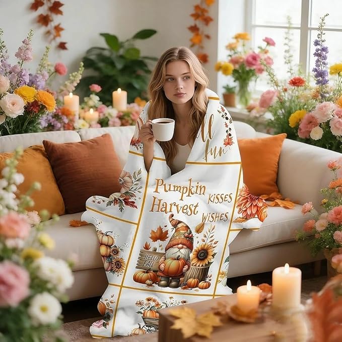 yuboo Pumpkin Gnome Spring Throw Blanket, 50"x60" Autumn Suflower Blankets and Throws for Couch, Soft Flannel Lap Sofa Blanket, Gnome Gift for Girls, Women, Teens, Kids, Family