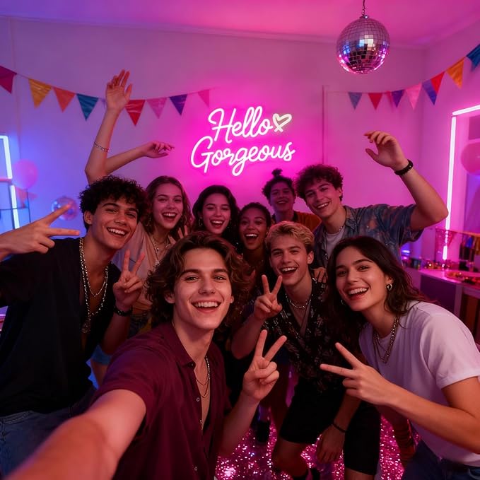Hello Gorgeous Neon Signs for Wall Decor, Hello Beautiful Pink LED Neon Lights Sign with Dimmable Switch for Girls Bedroom, Makeup Room Decor, Wedding, Birthday Party (Pink)