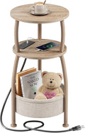 Side Table with Charging Station, Small Round End Table with Basket, USB Port and Outlet, 3 Tiers Sofa Couch Table Bedside Table for Living Room Bedroom, Small Spaces, 11.81in Light Oak