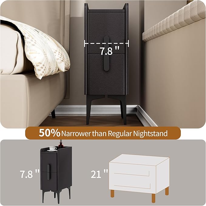 VICITON Narrow Nightstand with 2 Drawers, Narrow Side Table Leather Surface, Slim Bedside Table for Bedrooms, Dormitories, Living Rooms (Dark Gray, 15.7" D x 7.8" W x 22.4" H)