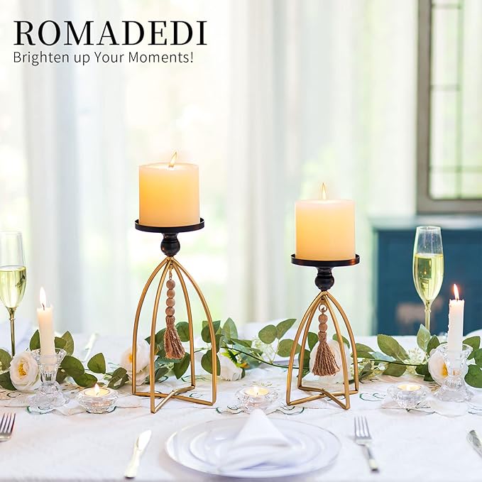 Romadedi Candle Holder Boho Decor - Set of 2 Metal Pillar Candle Stand with Beads for Living Room Mantle Shelf Farmhouse Table Centerpiece for Rustic Chic Home Decoration