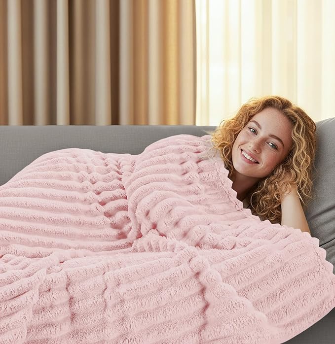 Utopia Bedding Pink Striped Fleece Blanket Throw Size – Fluffy, Warm & Lightweight Ribbed Throw for Bed, Sofa & Chair - Soft Cozy Blanket for Home Décor & Gifting (50x60 Inches)
