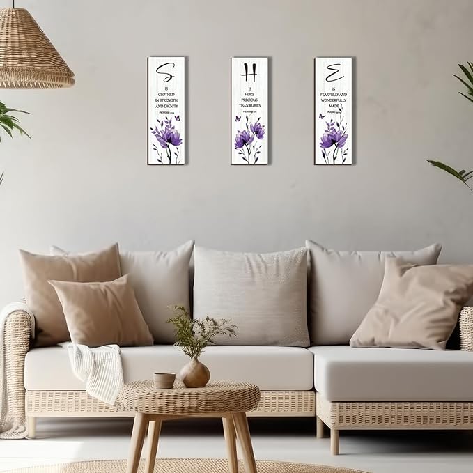 DONFENTHY 3 Pieces Inspirational Purple Floral Wall Decor Wooden Hanging Wall Art Christian Quotes SHE Word Sign Gift for Girl Teen Women Bedroom Bathroom Living Room Nursery Office (Purple 12x4 Inch)