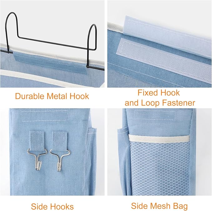 Surblue Bedside Caddy Bedside Storage Bag Hanging Organizer for Bunk, Hospital Beds, Dorm Rooms Bed Rails Camp 4 Pockets and 2 Hooks (Skyblue)