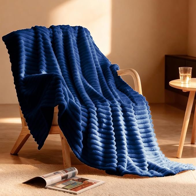 Nookly Navy Fleece Throw Blanket for Couch, Soft Lightweight Ribbed Plush Blanket for Sofa and Bed, All-Season Cozy Striped Throw for Women Girl 50x60 Inches